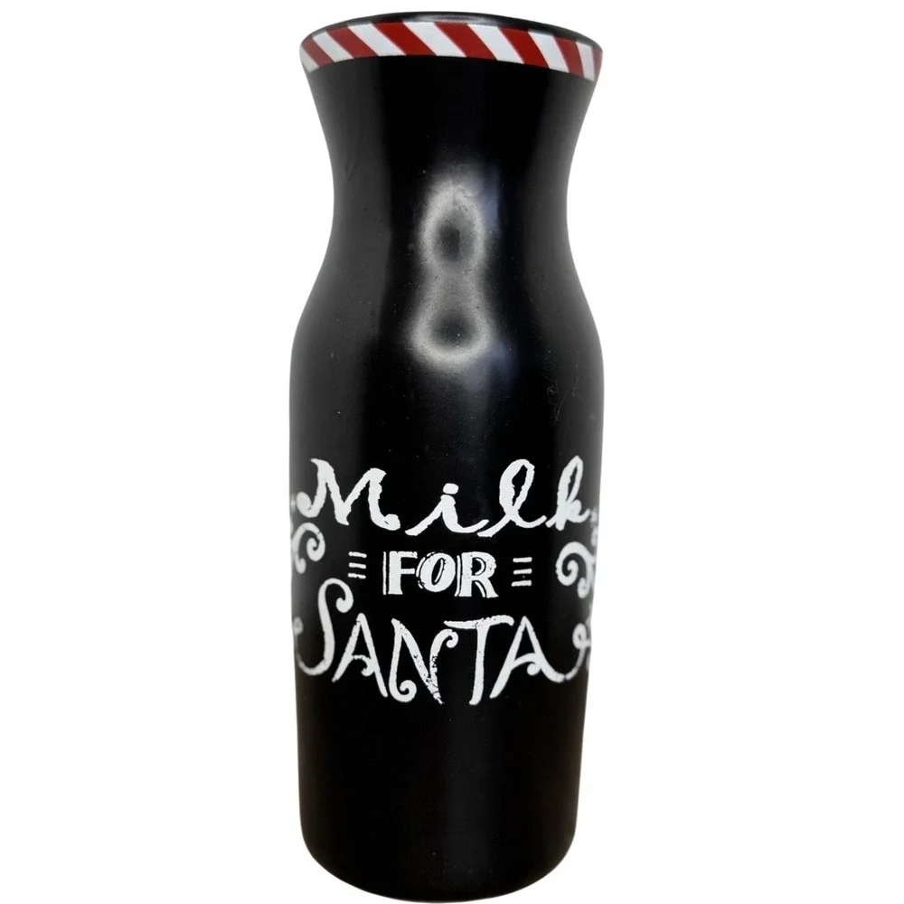 Milk for Santa Christmas Ceramic Bottle Matte Black Peppermint Stripe Rim Decor